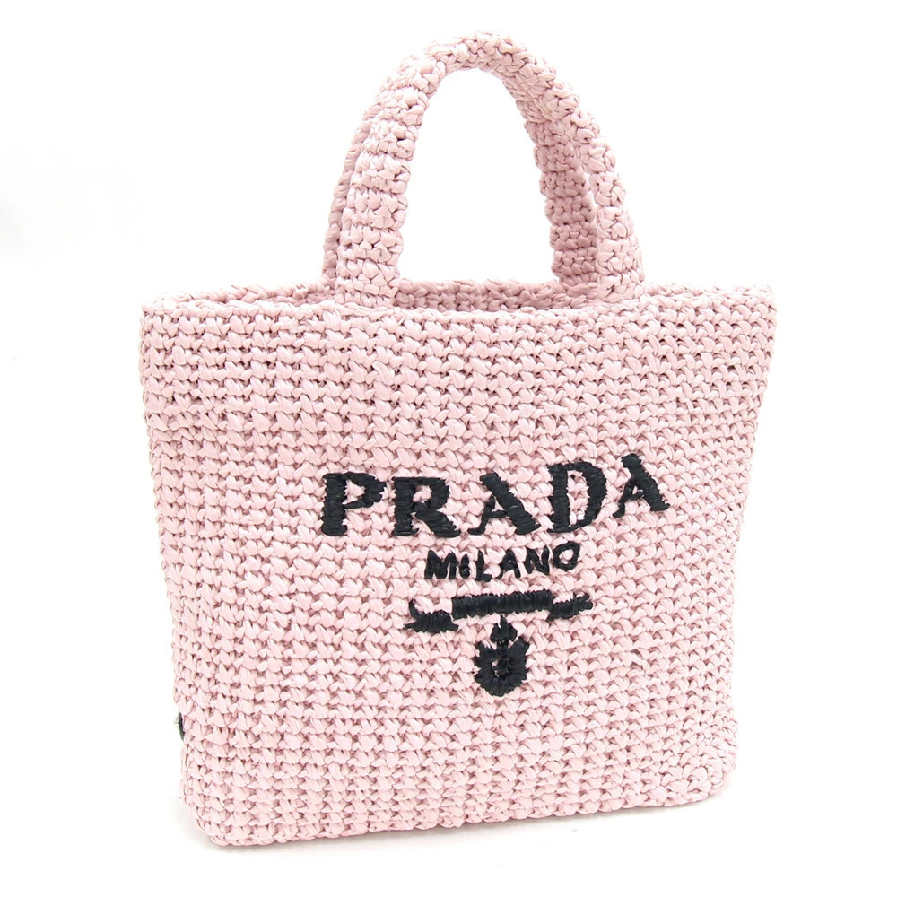 Prada Crochet Tote Bag Pink Raffia Embroidered Basket